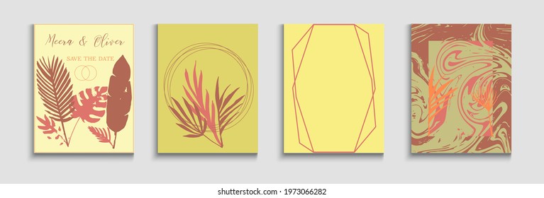 Abstract Elegant Vector Posters Set. Tie-Dye, Tropical Leaves Cards. Hand Drawn Asian Background. Cool Monstera Leaves Invitation Layout. Geometric Frame Texture. Japanese Style Invitation.