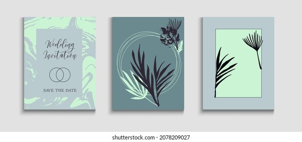 Abstract Elegant Vector Posters Set. Oriental Style Invitation. Hand Drawn Trendy Background. Noble Olive Leaves Invitation Design. Geometric Frame Pattern. Tie-Dye, Tropical Leaves Cards.