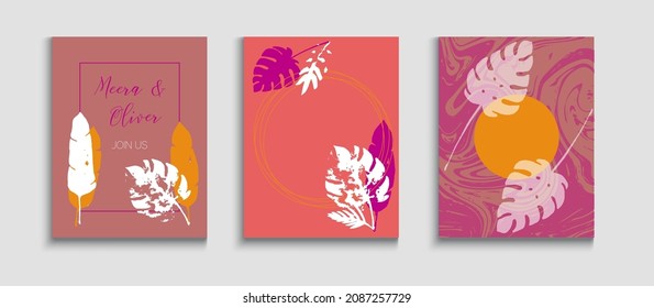 Abstract Elegant Vector Posters Set. Geometric Frame Texture. Japanese Style Invitation. Tie-Dye, Tropical Leaves Banners. Hand Drawn Hipster Background. Simple Monstera Leaves Magazine Layout.