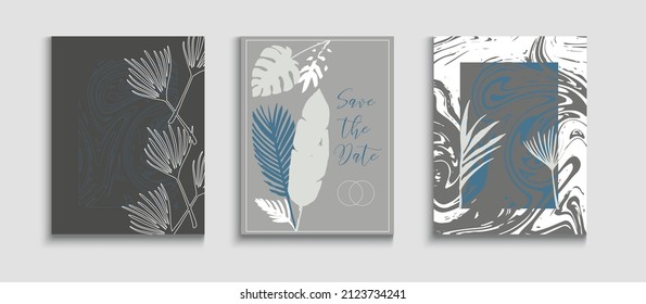 Abstract Elegant Vector Posters Set. Tie-Dye, Tropical Leaves Flyers. Geometric Border Texture. Japanese Style Invitation. Hand Drawn Hipster Background. Simple Monstera Leaves Magazine Template.