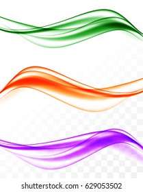 Abstract elegant wavy bright lines set in purple orange green colors and smooth dynamic soft style on transparent background. Vector illustration