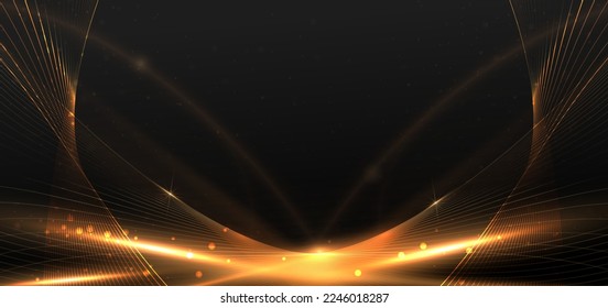 Abstract elegant wavy gold lines on black background with gold lighting effect sparkle. Template premium award design. Vector illustration