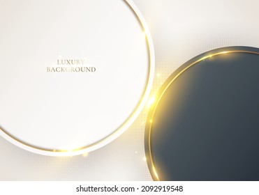 Abstract elegant white and black circle with golden lines rounded and light sparking on clean background luxury style. Vector graphic illustration