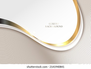 Abstract elegant white and brown wave shape with 3D golden curved ribbon lines rounded and light sparking on clean background luxury style. Vector graphic illustration