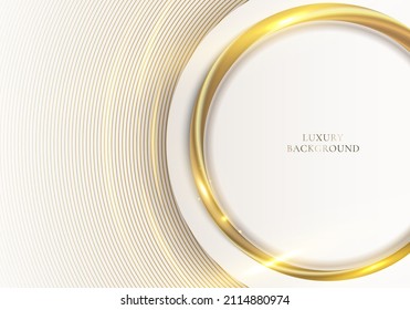 Resumen de elegante círculo blanco con líneas doradas 3D redondeadas y luz que desencadena en un diseño de fondo limpio. Ilustración gráfica del vector