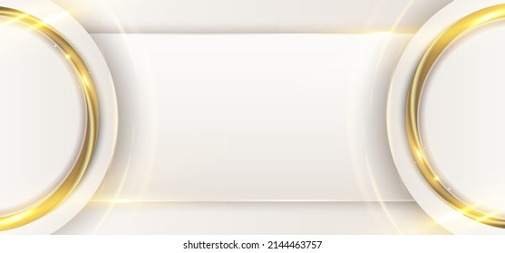 Abstract elegant white circle with 3D golden lines ring rounded and light sparking on clean background luxury style. Vector graphic illustration