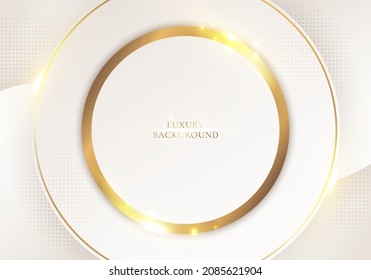 Abstract elegant white circle with golden lines rounded and light sparking on clean background luxury style. Vector graphic illustration