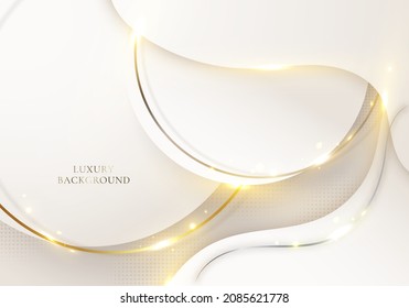 Abstract elegant white circle, wave shape with golden lines rounded and light sparking on clean background luxury style. Vector graphic illustration