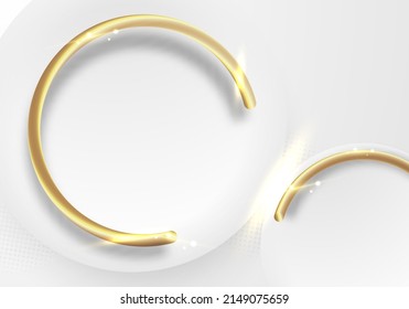 ABstract elegant white circles and 3D golden ring with glow lighting effect on clean background. Luxury style. Vector illustration