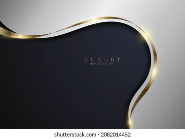 Abstract elegant white curved shape with shiny golden ribbon lines on dark blue background luxury style. Vector illustration