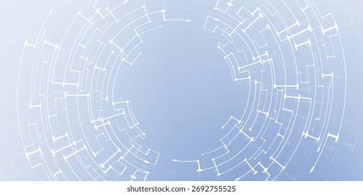 Abstrakter, eleganter weißer Technologie-Hintergrund mit kreisförmigen Leiterbahnen auf einer futuristischen Hauptplatine. Infinity-Banner für Webpräsentation. KI-Konzept. Digitale Vektorgrafik auf Light Tech BG.