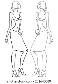 Abstract elegant woman in motion, vector outline in two embodiments, one with the continuous line and the other with separate lines