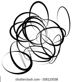 Abstract element with contour lines of intersecting random circles, oval shapes. Monochrome artistic shape. Vector