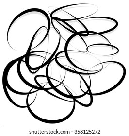 Abstract element with contour lines of intersecting random circles, oval shapes. Monochrome artistic shape. Vector