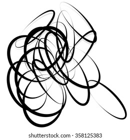 Abstract element with contour lines of intersecting random circles, oval shapes. Monochrome artistic shape. Vector