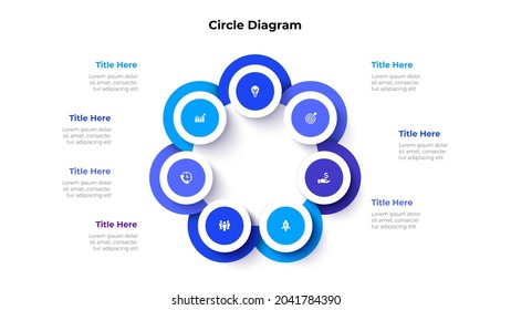 El elemento abstract se divide en 7 opciones con círculos. Visualización de datos empresariales para presentación. Diagrama gráfico de información del ciclo vectorial.