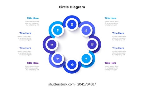 El elemento abstract se divide en 8 opciones con círculos. Visualización de datos empresariales para presentación. Diagrama gráfico de información del ciclo vectorial.