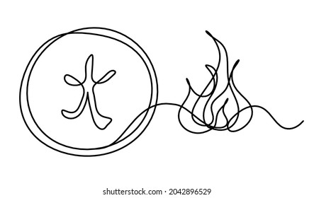 Abstract element of fire with hieroglyph means "fire" in english and flame in feng shui as line drawing on the white background. Vector
