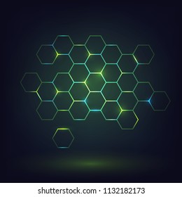 Abstract element with green luminous hexagons, molecules, cells, technologies