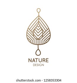 Abstract element of leaf logo. Decorotive plant in drop icon. Simple badge for design of eco products, flower shop, cosmetics and ecology concepts, health, spa, yoga Center. Vector illustration