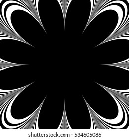 Abstract element with radiating lines. Monochrome concentric, radial pattern. Distortion, deformation effect on circular shape.