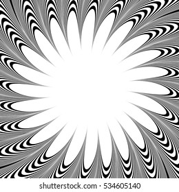 Abstract element with radiating lines. Monochrome concentric, radial pattern. Distortion, deformation effect on circular shape.