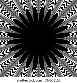 Abstract element with radiating lines. Monochrome concentric, radial pattern. Distortion, deformation effect on circular shape.