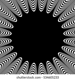 Abstract element with radiating lines. Monochrome concentric, radial pattern. Distortion, deformation effect on circular shape.