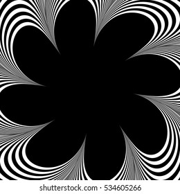 Abstract element with radiating lines. Monochrome concentric, radial pattern. Distortion, deformation effect on circular shape.