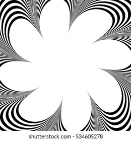 Abstract element with radiating lines. Monochrome concentric, radial pattern. Distortion, deformation effect on circular shape.