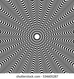 Elemento abstrato com linhas radiantes. Monocromático concêntrico, padrão radial. Distorção, efeito de deformação na forma circular.