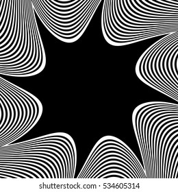 Abstract element with radiating lines. Monochrome concentric, radial pattern. Distortion, deformation effect on circular shape.