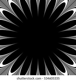 Abstract element with radiating lines. Monochrome concentric, radial pattern. Distortion, deformation effect on circular shape.