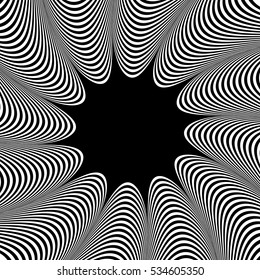 Abstract element with radiating lines. Monochrome concentric, radial pattern. Distortion, deformation effect on circular shape.