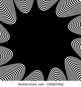Abstract element with radiating lines. Monochrome concentric, radial pattern. Distortion, deformation effect on circular shape.