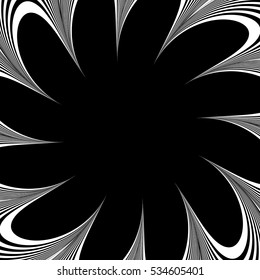 Abstract element with radiating lines. Monochrome concentric, radial pattern. Distortion, deformation effect on circular shape.