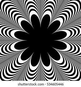 Abstract element with radiating lines. Monochrome concentric, radial pattern. Distortion, deformation effect on circular shape.
