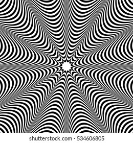 Abstract element with radiating lines. Monochrome concentric, radial pattern. Distortion, deformation effect on circular shape.