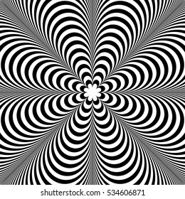 Abstract element with radiating lines. Monochrome concentric, radial pattern. Distortion, deformation effect on circular shape.