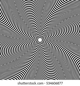 Abstract element with radiating lines. Monochrome concentric, radial pattern. Distortion, deformation effect on circular shape.