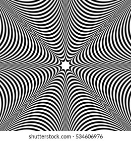 Abstract element with radiating lines. Monochrome concentric, radial pattern. Distortion, deformation effect on circular shape.