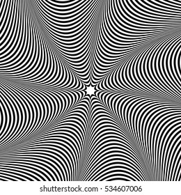 Abstract element with radiating lines. Monochrome concentric, radial pattern. Distortion, deformation effect on circular shape.