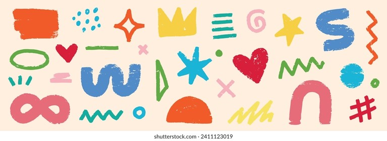 Abstract element shape set. Color graphic modern abstract sticker element. Doodle geometric collage star, crown, heart shape set. Hand drawn texture grunge sketch brush effect. Vector illustration