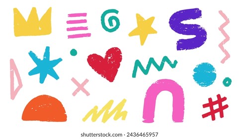 Abstract element shape set. Color graphic modern abstract sticker element. Doodle geometric collage star, crown, heart shape set. Hand drawn texture grunge brush modern effect. Vector illustration