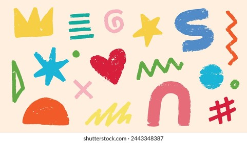 Abstract element shape set. Color graphic modern abstract sticker element. Doodle geometric collage star, crown, heart shape set. Hand drawn texture grunge brush modern effect. Vector illustration