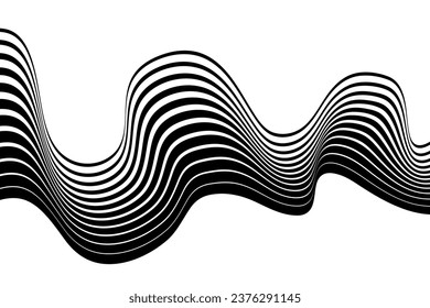 Abstract element, wavy, curved lines. Vector illustration of stripes with optical illusion, isolated on white background.