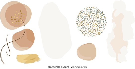 Elementos Abstractas. Rubor, rosa, marfil, beige ilustración de acuarela y Elementos de oro, sobre fondo blanco. Abstractas conjunto de impresión moderna. 