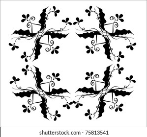 Abstract elements from branches with leaves and flowers.