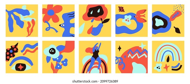 Abstract elements cards. Floral spring design square posters. Summer mood decorative compositions with birds minimalistic shapes. Woman in swimsuit and rainbows. Vector