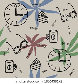 Abstract elements clocks, glasses, cup, cakes for a coffee pause. Vector illustration.